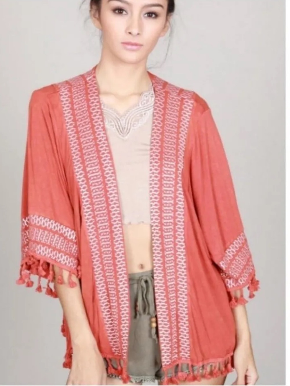 NWT: POL Terracotta Boho Embroidered Design Tassel 3/4 Sleeve Kimono• Small